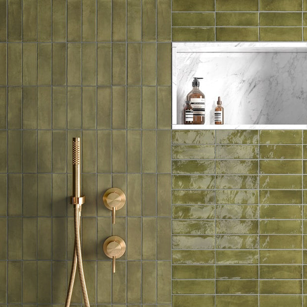 Coco Verde Gloss Porcelain Subway Tiles in a room setting