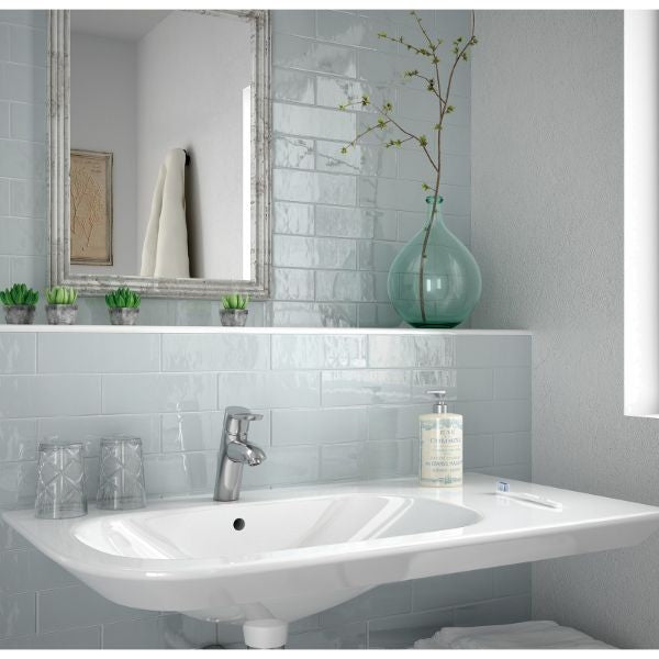 Cottage Ash Blue Gloss Ceramic Subway Tiles in a room setting