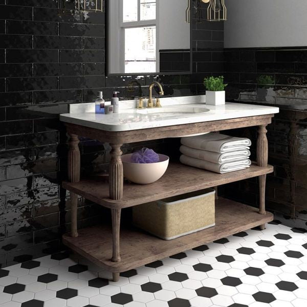 Cottage Black Gloss Ceramic Subway Tiles in a room setting