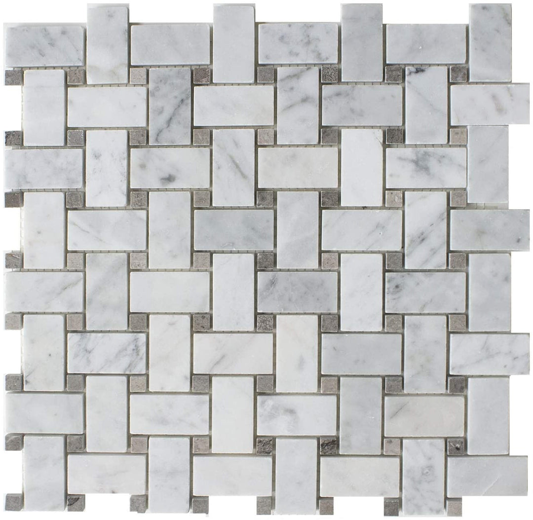 BASKETWEAVE CARRARA + CINDERELLA GREY HONED CHIP SIZE 25X48X7MM SHEET SIZE 305X305X7MM - BASKETWEAVE CARRARA + CINDERELLA GREY DOT -05