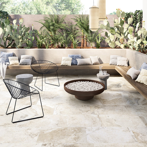 Stoneage Travertine Argento 3D Porcelain Tiles in a room setting