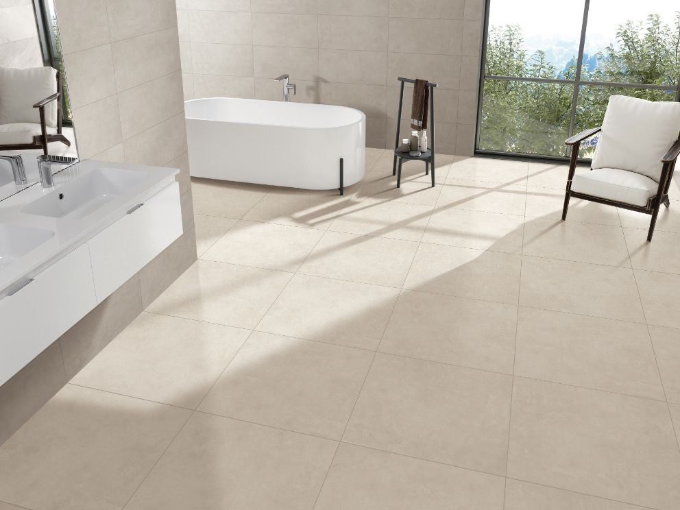 Element Pearl Matt Concrete Look Porcelain Tiles 600x600mm in a room setting