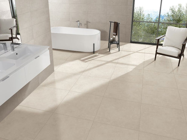 Element Cream Matt Concrete Look Porcelain Tiles 300x600mm in a room setting