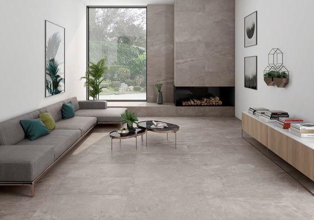Erding Ash Matt Stone Look Porcelain Tiles 600x1200mm in a room setting