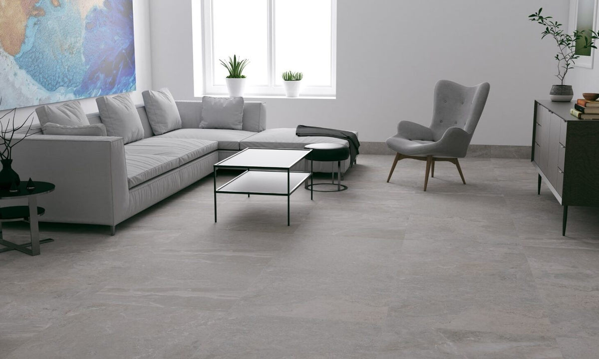Erding Ash Matt Stone Look Porcelain Tiles 600x600mm in a room setting