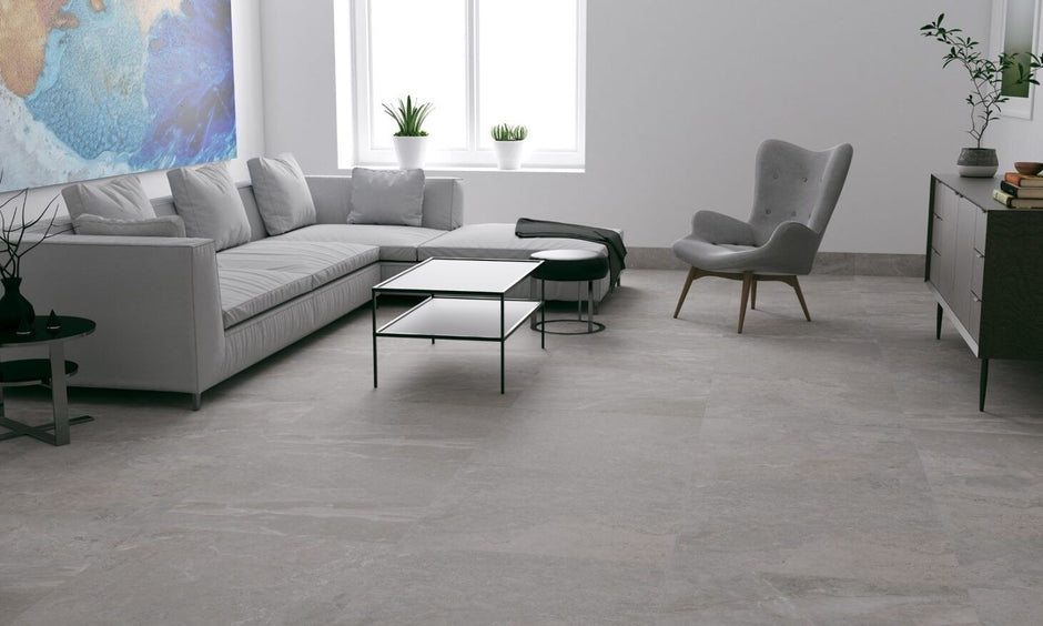 Erding Ash Matt Stone Look Porcelain Tiles 600x600mm in a room setting