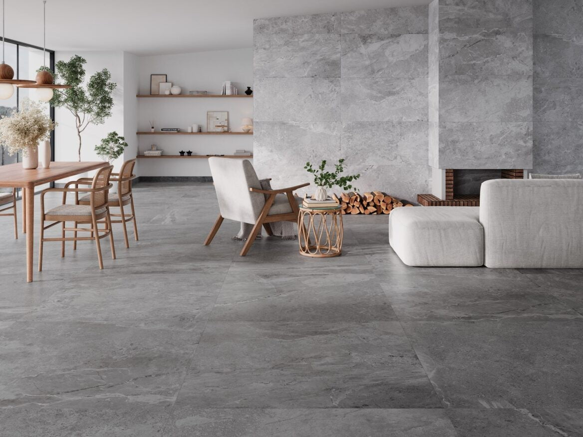 Erding Silver Matt Stone Look Porcelain Tiles in a room setting