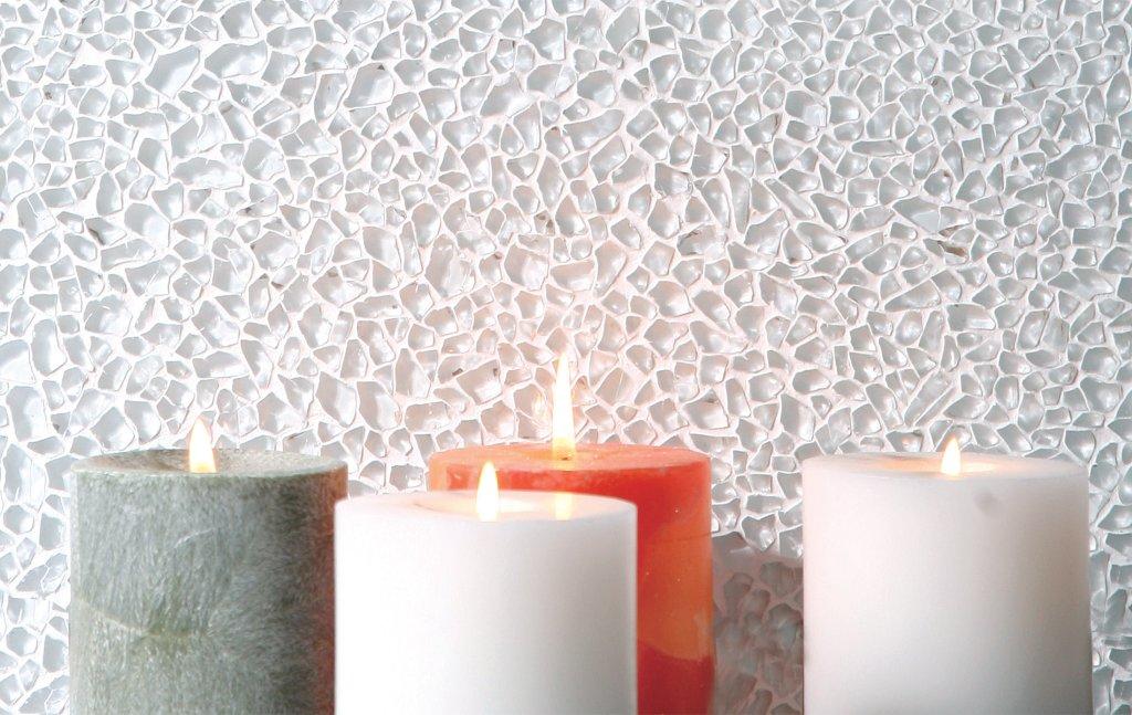 Raindrop Super White Crystal Glass Mosaic in a room setting