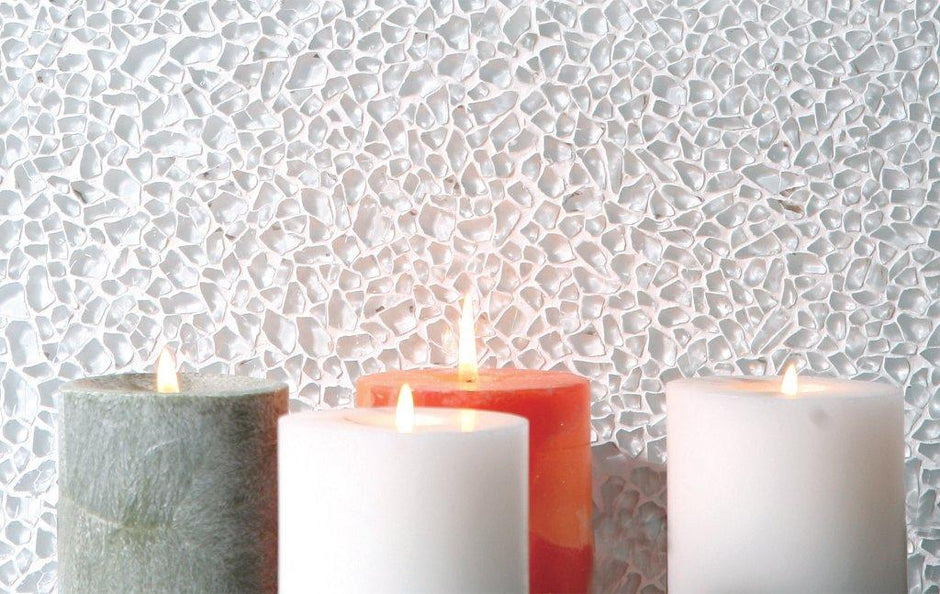 Raindrop Super White Crystal Glass Mosaic in a room setting