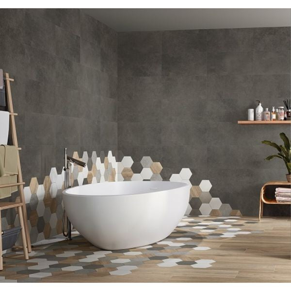 Evo Coal Lappato Porcelain Tiles in a room setting