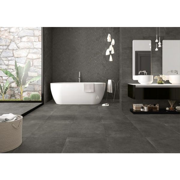 Evo Coal Lappato Porcelain Tiles in a room setting
