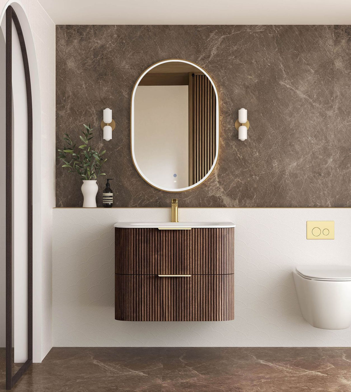Havana Fluted 750mm Sable Walnut Wall Hung Curve Vanity