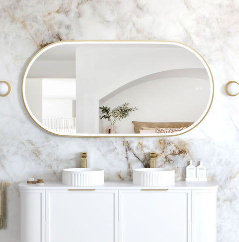 Otti LED Noosa 1500(W)x750(H) Gold Metal Frame Tuffi Mirror- Install Horizontal or Vertical