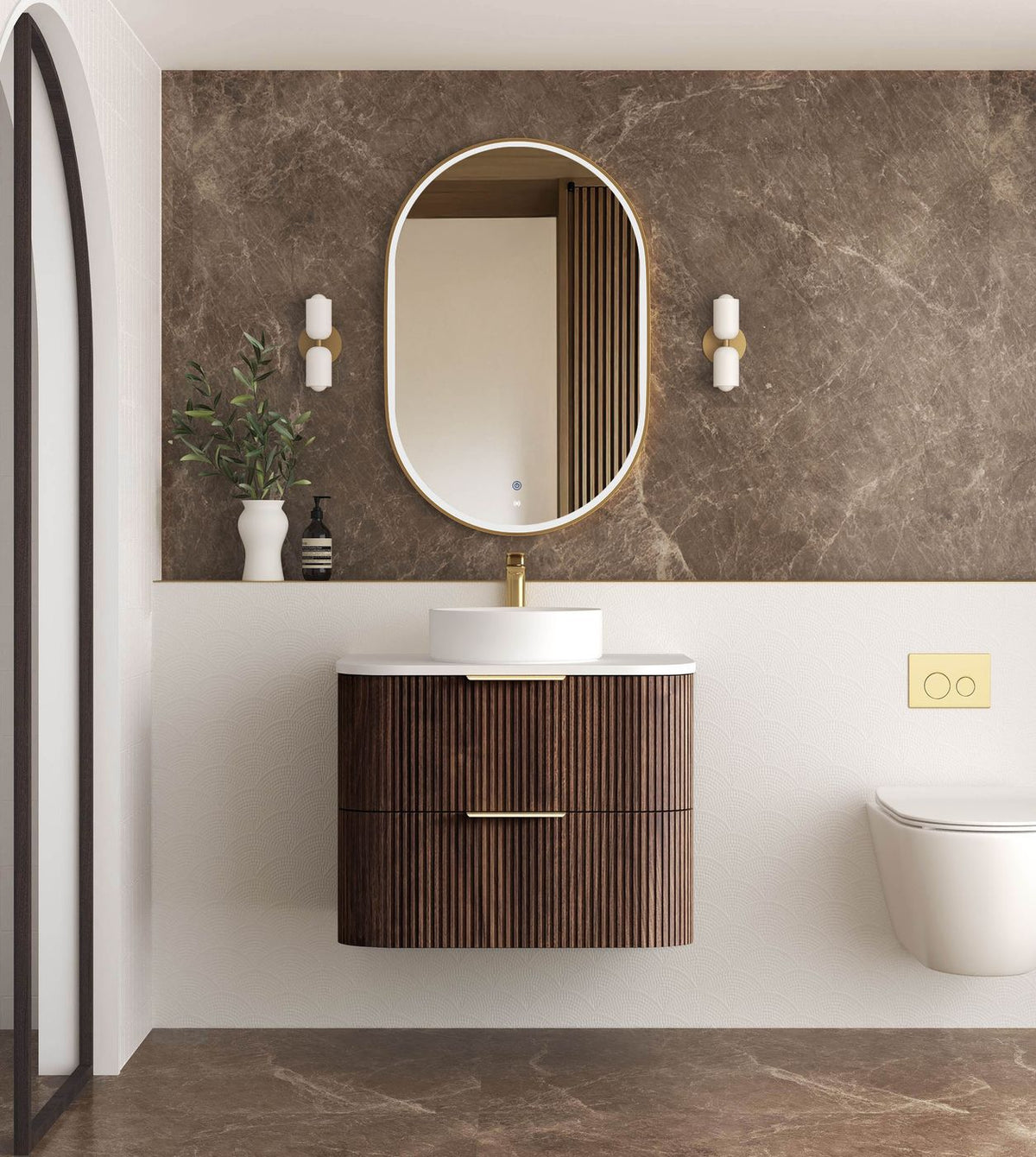 Havana Fluted 750mm Sable Walnut Wall Hung Curve Vanity