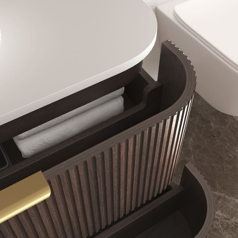 Havana Fluted 900mm Sable Walnut Wall Hung Curve Vanity