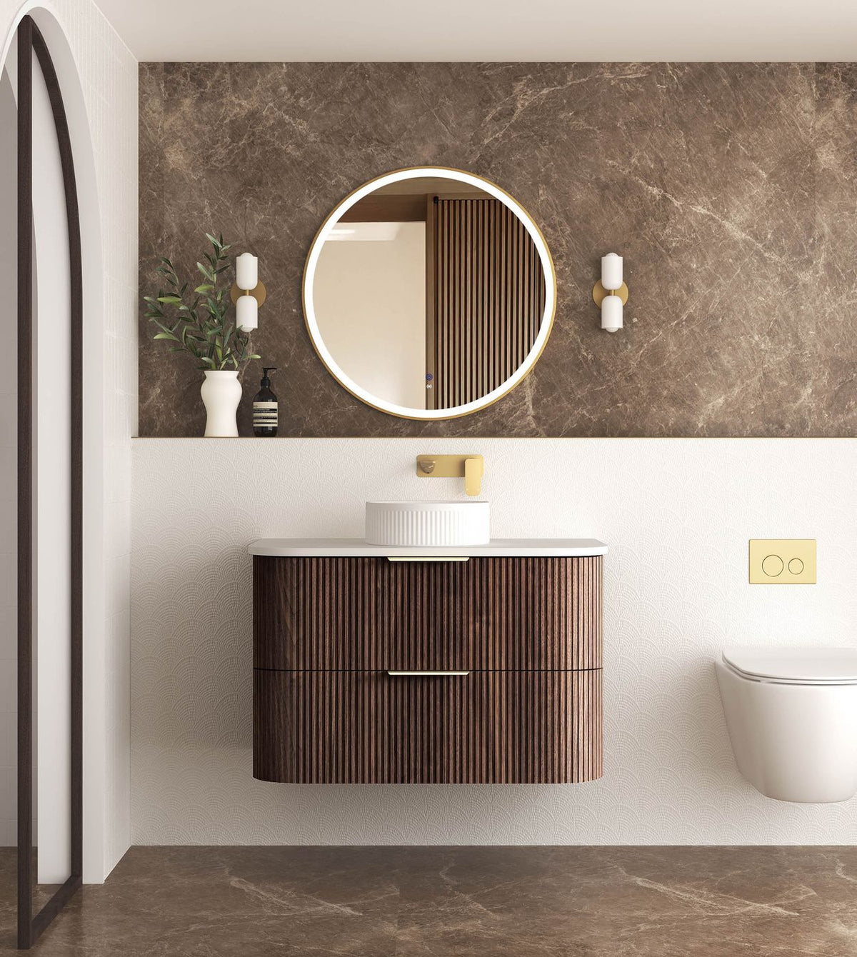 Havana Fluted 900mm Sable Walnut Wall Hung Curve Vanity