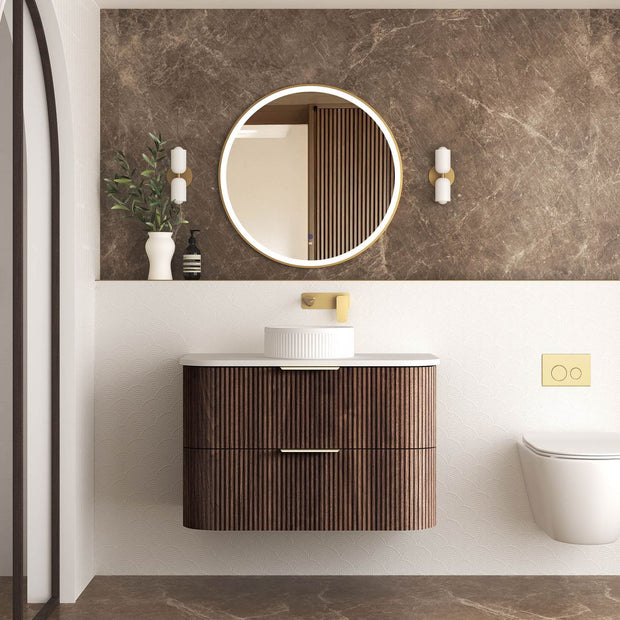Havana Fluted 900mm Sable Walnut Wall Hung Curve Vanity