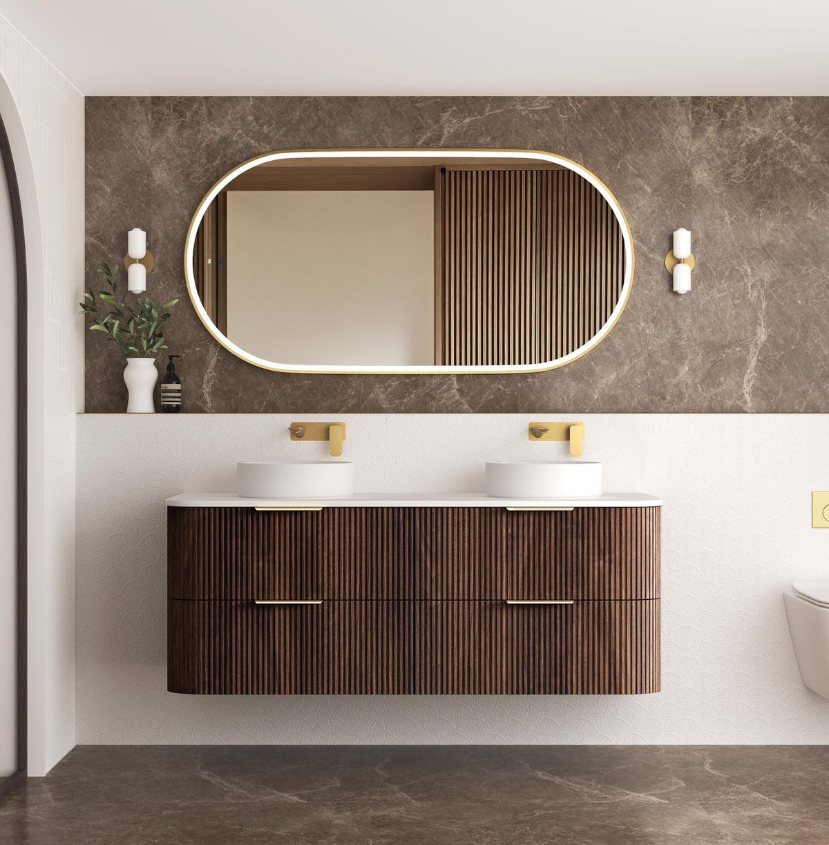 Havana Fluted 1500mm Sable Walnut Wall Hung Curve Vanity