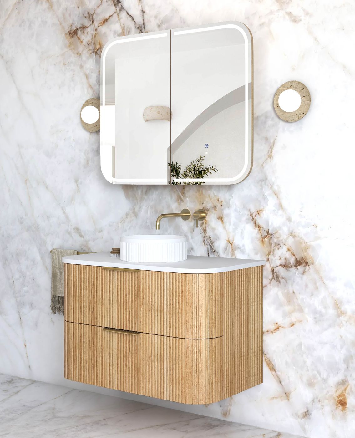 Havana Fluted 900mm Woodland Oak Wall Hung Curve Vanity