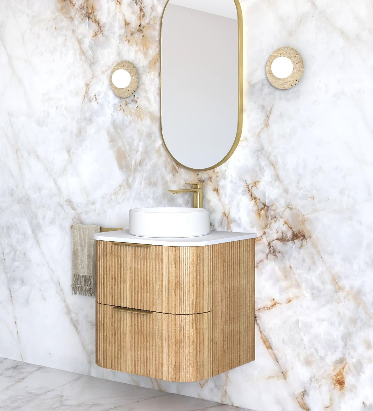 Havana Fluted 600mm Woodland Oak Wall Hung Curve Vanity
