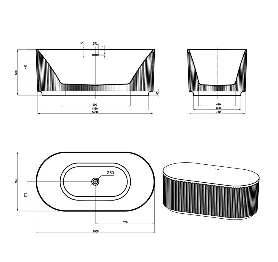 Attica Havana 1500 Matte White Fluted Bath with Overflow