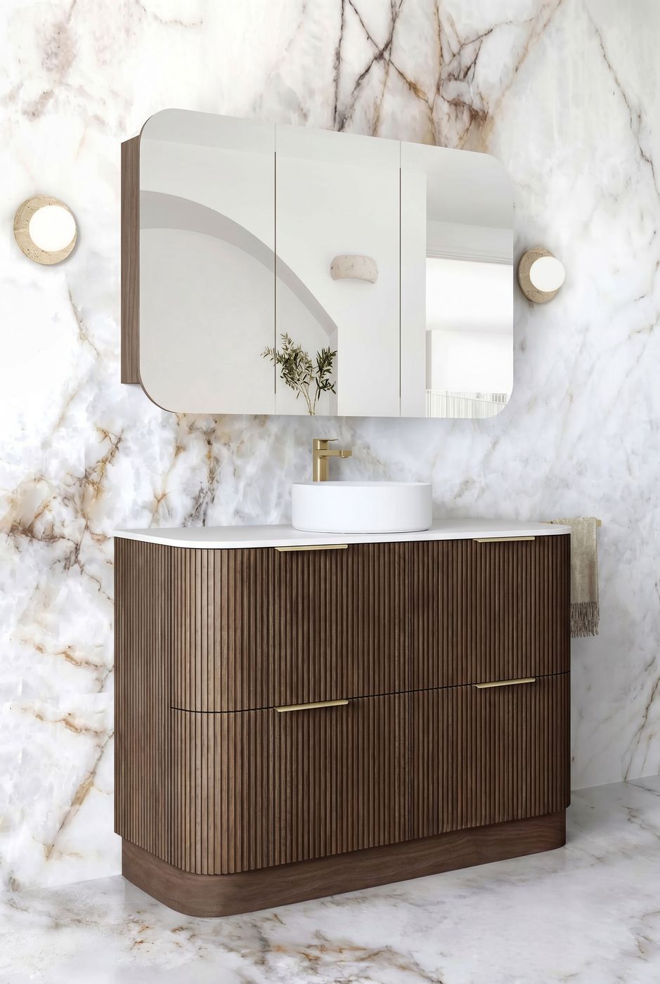 Havana Fluted 1200mm Sable Walnut Floorstanding Curve Vanity