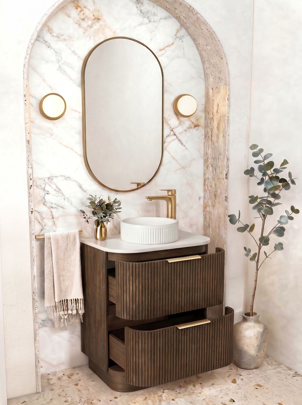 Havana Fluted 600mm Sable Walnut Floorstanding Curve Vanity