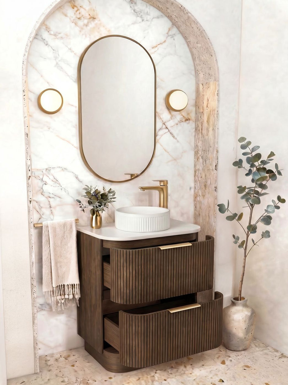 Havana Fluted 600mm Sable Walnut Floorstanding Curve Vanity