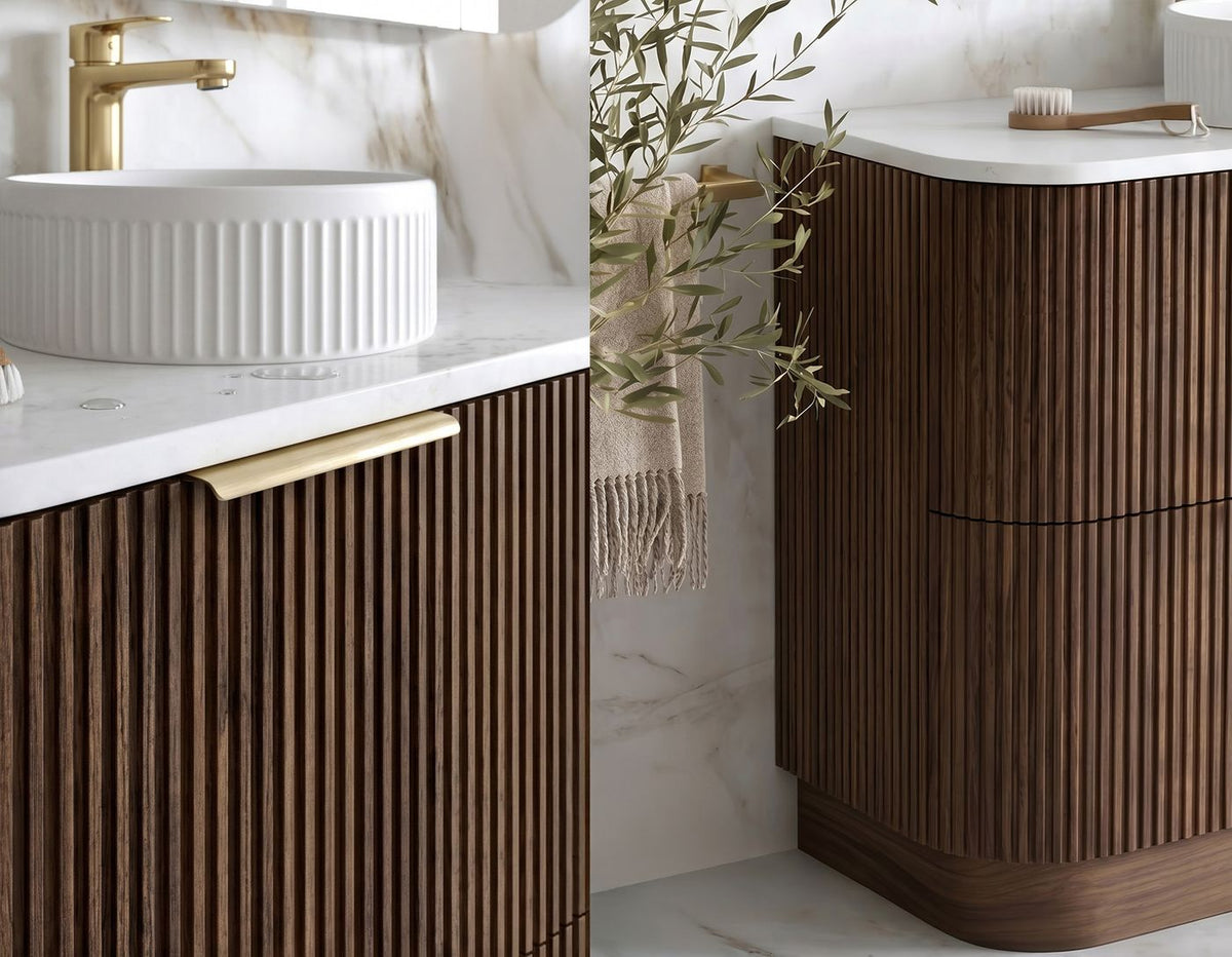 Havana Fluted 600mm Sable Walnut Floorstanding Curve Vanity