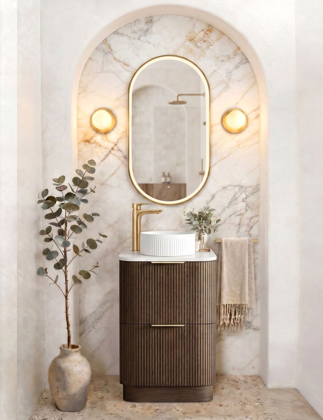 Havana Fluted 600mm Sable Walnut Floorstanding Curve Vanity