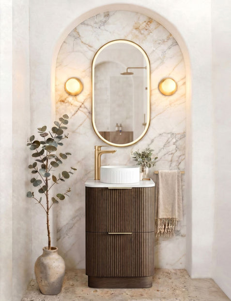 Havana Fluted 600mm Sable Walnut Floorstanding Curve Vanity