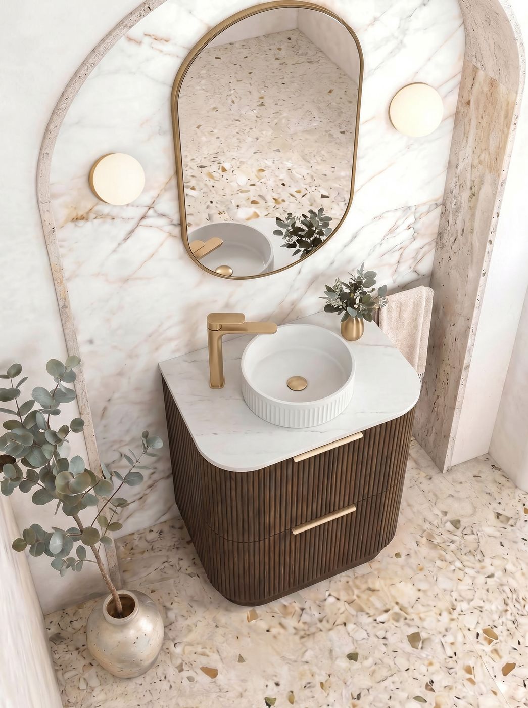 Havana Fluted 600mm Sable Walnut Floorstanding Curve Vanity