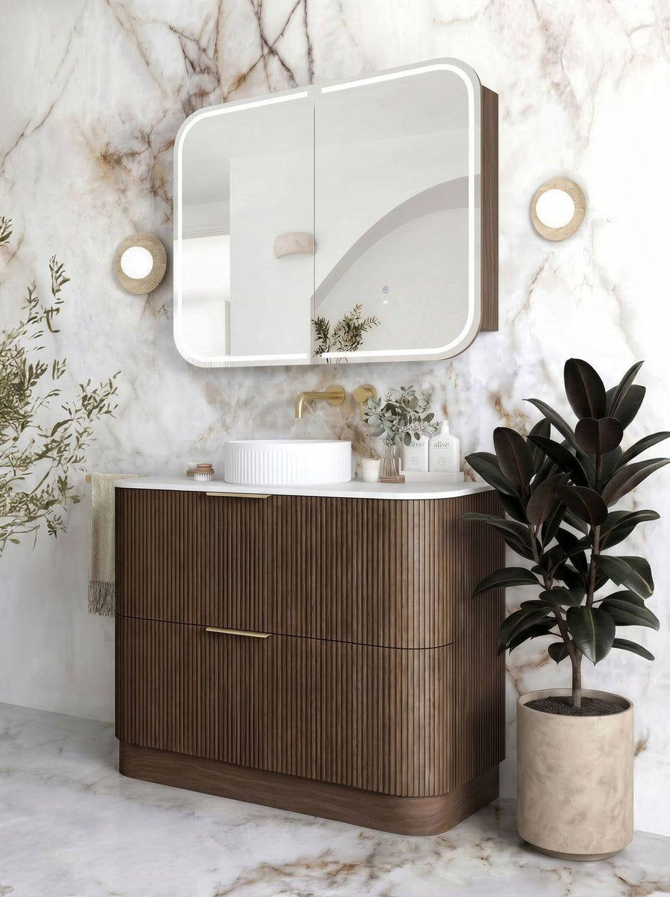 Havana Fluted 900mm Sable Walnut Floorstanding Curve Vanity