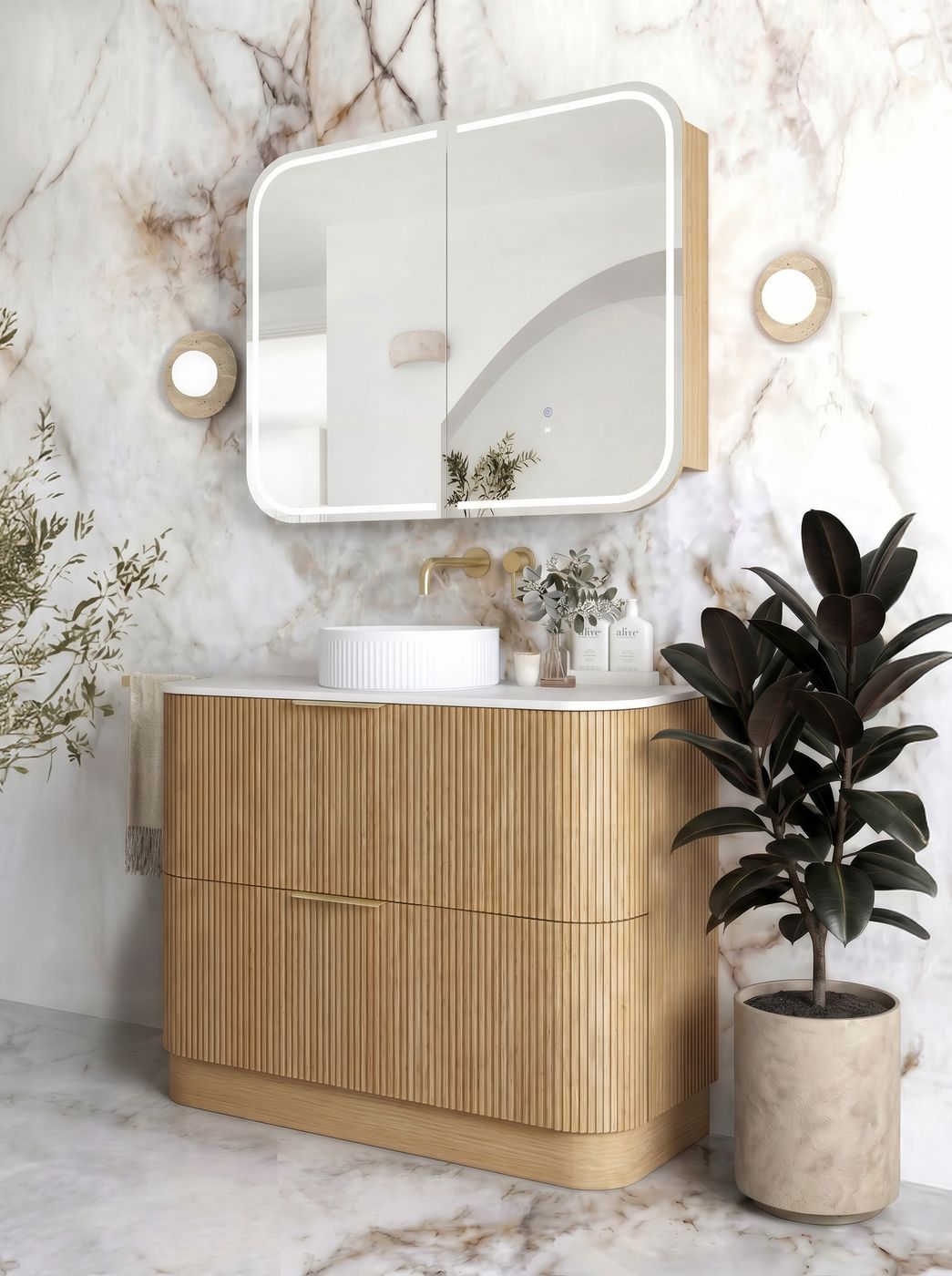 Havana Fluted 900mm Woodland Oak Floorstanding Curve Vanity