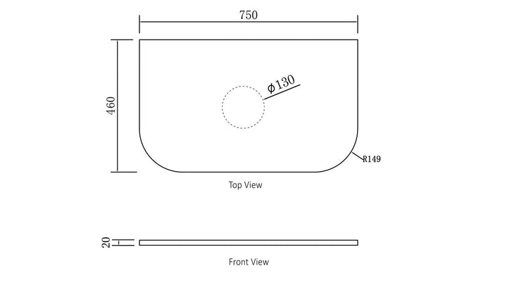 Bondi 750x460x20mm Pure White Stone Top - Waste Hole 130mm STBO74PW-130