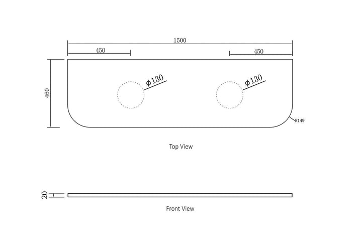 Bondi 1500x460x20mm Pure White Stone Top - Two Waste Holes 130mm STBO154PW-130