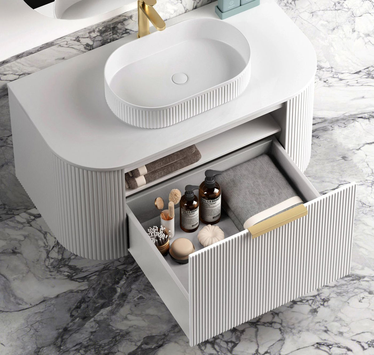 Bondi 750mm Satin White Fluted Wall Hung Curve Vanity (12TH & NTH Only)