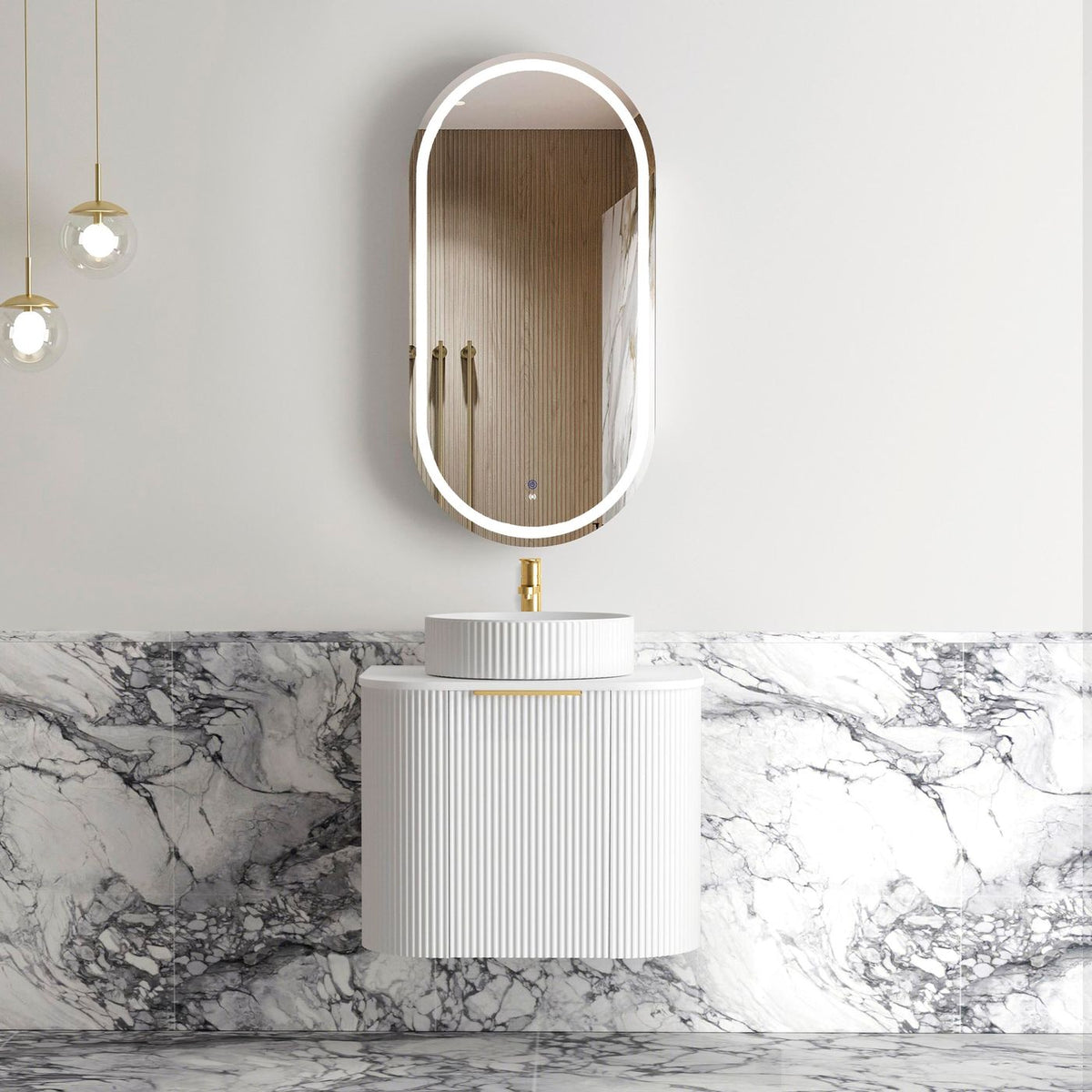 Bondi 600mm Satin White Fluted Wall Hung Curve Vanity (12TH & NTH Only)