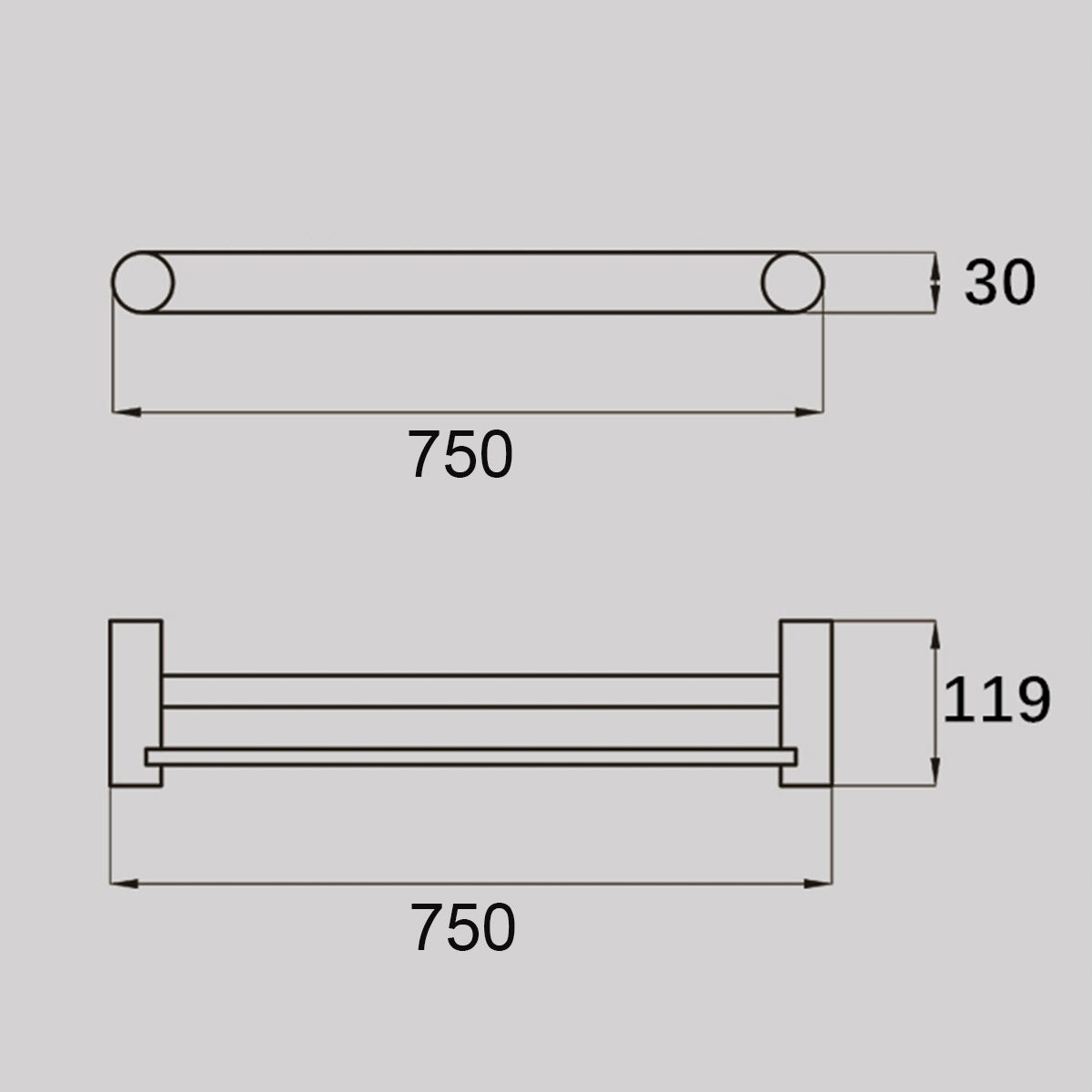 Zenmo Vivo Double Towel Rail 750mm line drawing