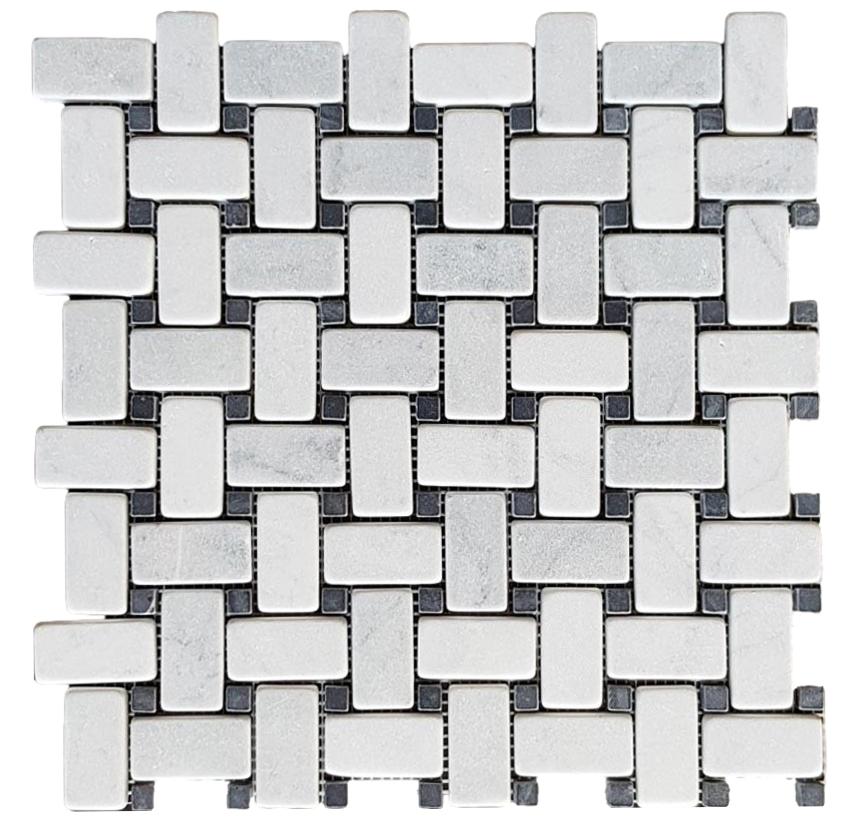 BASKETWEAVE CARRARA TUMBLED + NERO DOT CHIP SIZE: 25X48x10 SHEET SIZE 305X305x10  - BASKETWEAVE CARRARA TUMBLED -04