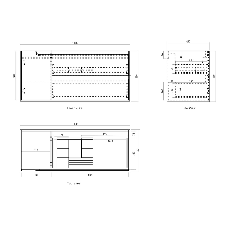 Byron 1200mm Sable Walnut Wall Hung Vanity specification drawing