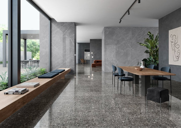Frammenta Grigio Polished Terrazzo Look Porcelain Tiles 300x600mm in a room setting