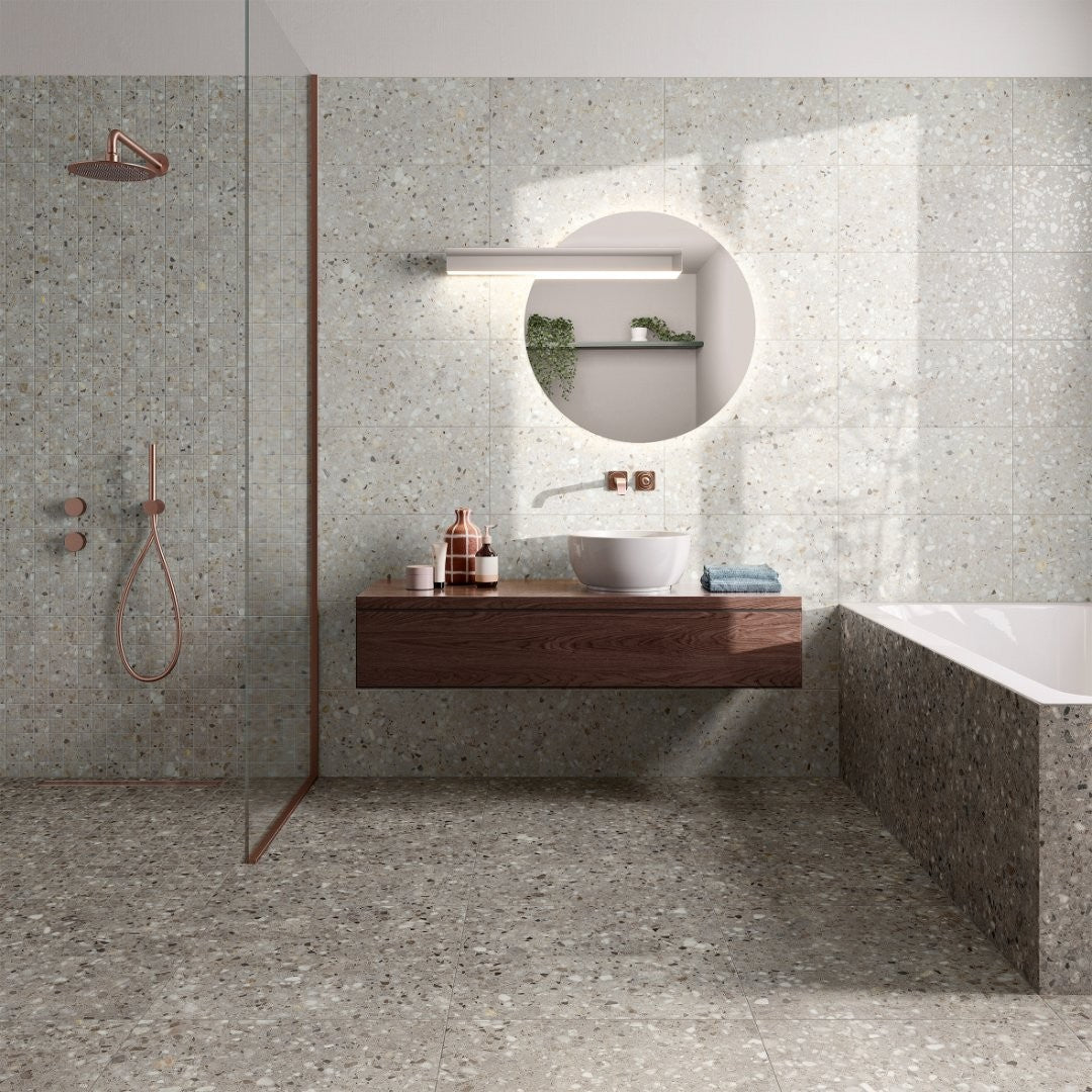 Frammenta Perla Polished Terrazzo Look Porcelain Tiles in a room setting