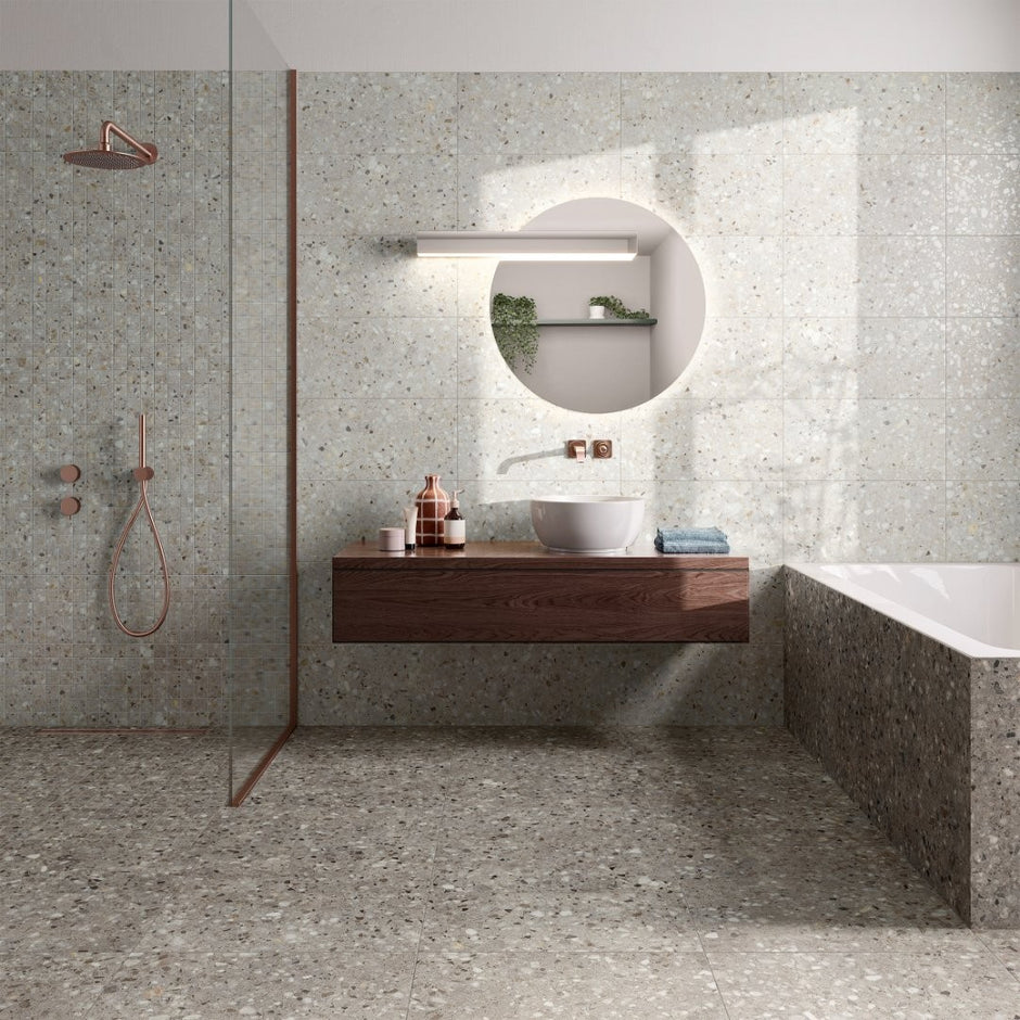 Frammenta Perla Polished Terrazzo Look Porcelain Tiles in a room setting