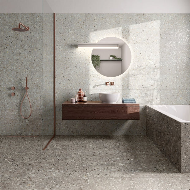 Frammenta Perla Polished Terrazzo Look Porcelain Tiles in a room setting