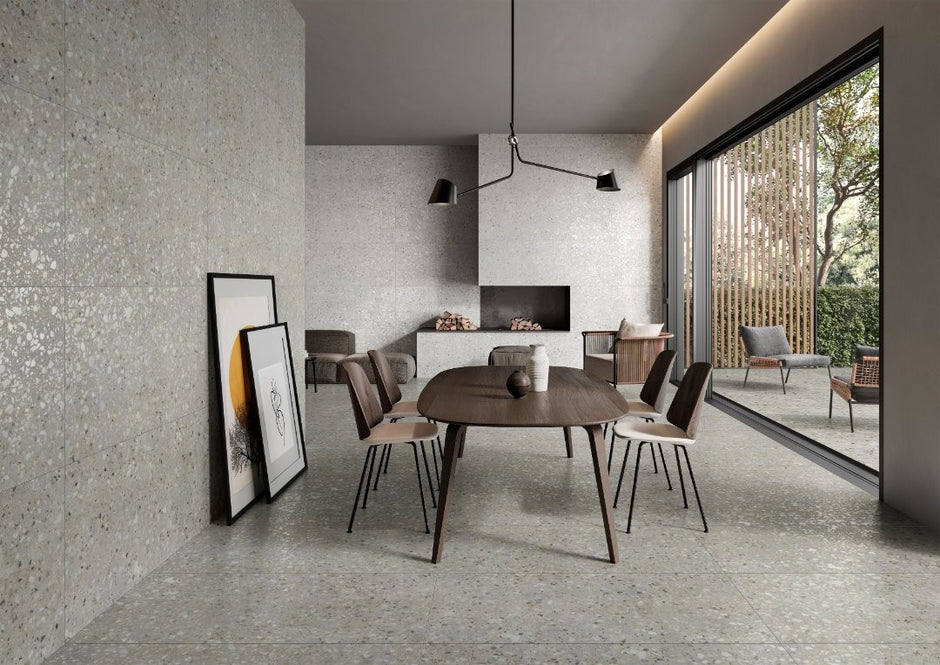Frammenta Perla Polished Terrazzo Look Porcelain Tiles in a room setting