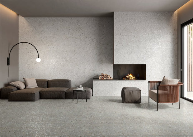 Frammenta Bianco Polished Terrazzo Look Porcelain Tiles 300x600mm in a room setting