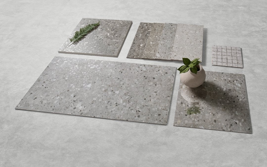 Frammenta Perla Polished Terrazzo Look Porcelain Tiles in a room setting