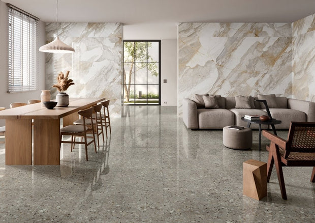 Frammenta Taupe Polished Terrazzo Look Porcelain Tiles 600x600mm in a room setting