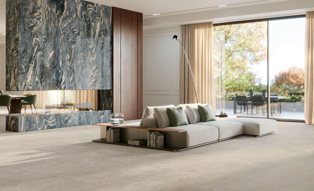 Genesis Cocoa Beige Matt Stone Look Porcelain Tiles 600x1200mm in a room setting